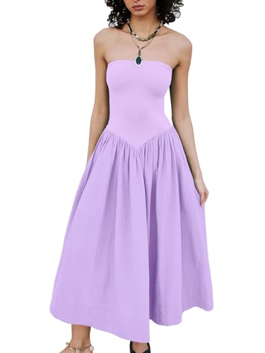 Loafawes Damen Sommer Trägerloses Kleid Solide Hot Shot Schulterfrei Sonnenkleider Flowy Lang Freizeitkleid für Strand Lila von Loafawes