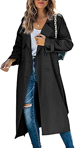 Lässiger langer Trench-Mantel für Damen, winddicht, mit Gürtel, einfarbig, zweireihig, Reverskragen, Windbreaker, Jacke, Frühling, Herbst, S-2XL, Schwarz , XL Lässiger langer Trench-Mantel für Damen, winddicht, mit Gürtel, einfarbig, zweireihig, Reverskragen, Windbreaker, Jacke, Frühling, Herbst, S-2XL, Schwarz , XL von Loalirando