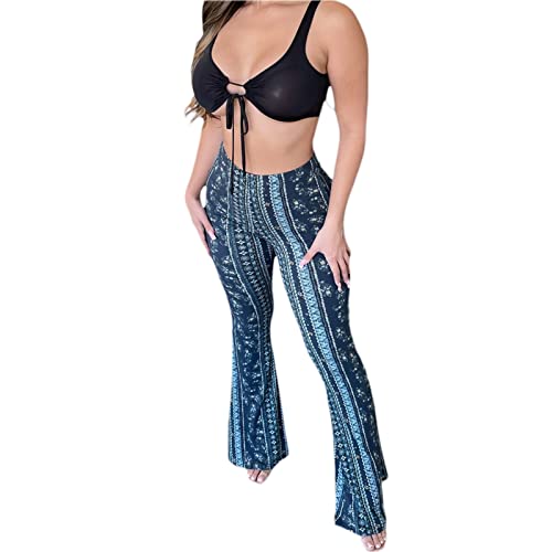 Damen Plus Size Hohe Taille Bell Bottom Stretchy Hosen Leggings Flare Weites Bein Gerade Retro Blumendruck Yoga Palazzo Hosen, blau, M von Loalirando