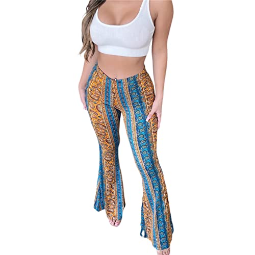 Damen-Leggings, Übergröße, hohe Taille, Glockenboden, dehnbar, weites Bein, gerade, Retro-Blumendruck, Yoga, Palazzo-Hose, gelb, M von Loalirando