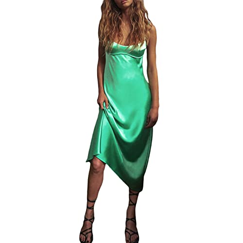 Damen Satin Spaghetti Strap Ärmellos Langes Maxikleid Einfarbig Seidig Slip Rückenfrei Hollow Out Cocktailkleid Sommerkleidung, grün, X-Large von Loalirando