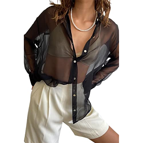 Damen Sexy Durchsichtige lose Hemden Langarm Button-Down Einfarbig Reverskragen Mesh Basic Bluse Top Streetwear, Schwarz , M von Loalirando