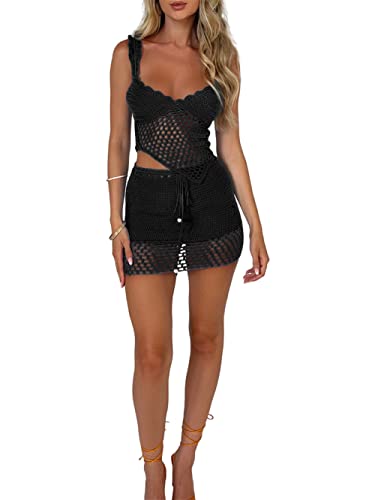 Damen Y2K Zweiteiler Outfits Ärmellos Hollow Out Crop Top + Bodycon Elastische Rock Strandbekleidung Set (Schwarz, M) von Loalirando