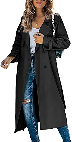 Frauen Casual Lang Trenchcoat Winddicht Mantel mit Gürtel Einfarbig Zweireihiger Revers Kragen Windbreaker Jacke Frühling Herbst Mantel S-2XL, Schwarz , 38 von Loalirando