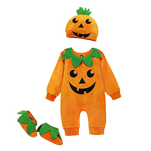 Kleinkind Baby Mädchen Jungen Halloween dreiteiliges Kleidungsset Langarm Kürbis Gesicht Muster Strampler + Kappe + Hausschuhe Socken Outfits, Orange, 86 von Loalirando