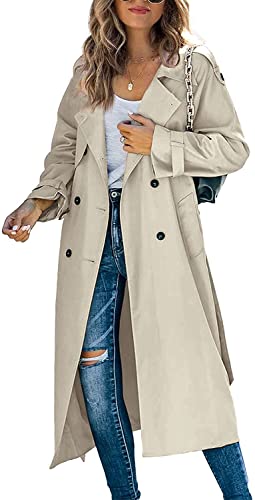 Lässiger langer Trench-Mantel für Damen, winddicht, mit Gürtel, einfarbig, zweireihig, Reverskragen, Windbreaker, Jacke, Frühling, Herbst, S-2XL, khaki, XXL von Loalirando
