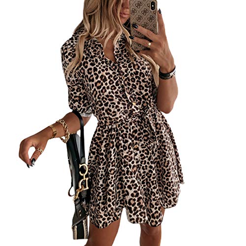 Damen Leopard Kleid Hemd Casual Mini Kleid Elegantes Lose Lange Ärmel Kurzes Kleid V-Ausschnitt für Frühling Herbst Kleid Sexy Hohe Taille für Alltag Zitat, leopard, X-Large von Loalirando