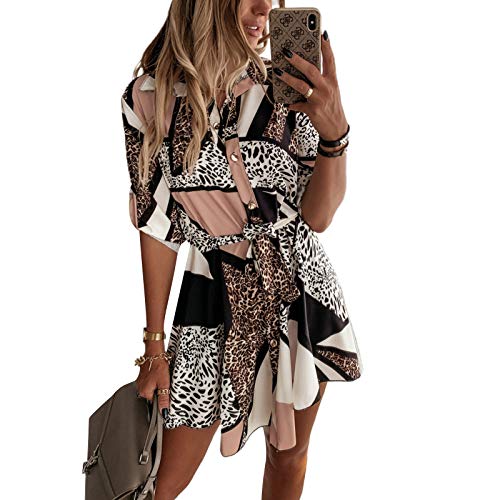 Damen Leopard Kleid Hemd Casual Mini Kleid Elegantes Lose Lange Ärmel Kurzes Kleid V-Ausschnitt für Frühling Herbst Kleid Sexy Hohe Taille für Alltag Zitat, bunt, Small von Loalirando