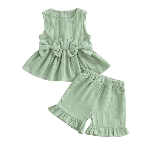 Loalirando Baby Mädchen Musselin Kleidung Set Ärmellos Oberteil + Shorts Sommer Outfits Kinderkleidung Bekleidungssets für Baby-Mädchen (Grün, 6-12 Monate) von Loalirando