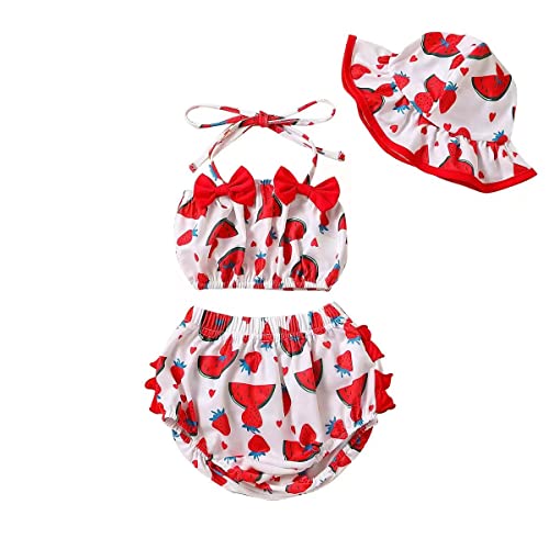 Loalirando Badeanzug für Mädchen, 3-teilig, Fruchtdruck, Bademode für Neugeborene, Bademode für Neugeborene, Oberteil Bikini + Bikinioberteil + Hut, Erdbeere, 0-6 Monate von Loalirando