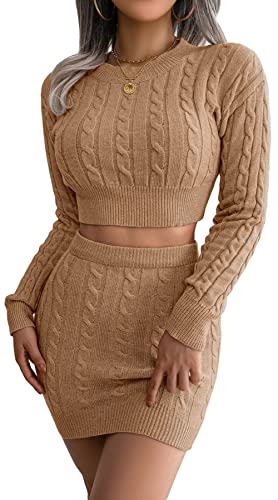 Loalirando Chic Damen Herbst Outfit Zweiteiler Kleid Bauchfrei Crop Top Pullover+ Hohe Taille Bodycon Rock (Khaki, L) von Loalirando