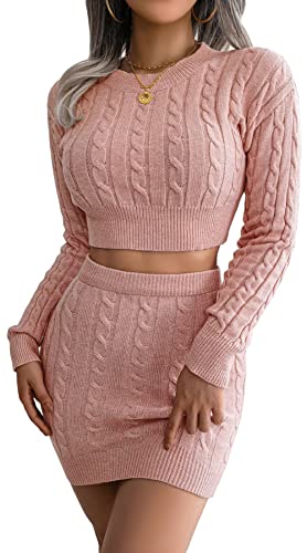 Loalirando Chic Damen Herbst Outfit Zweiteiler Kleid Bauchfrei Crop Top Pullover+ Hohe Taille Bodycon Rock (Rosa, S) von Loalirando