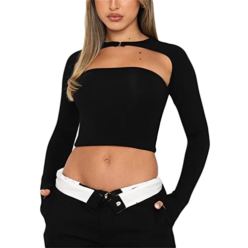 Loalirando Crop Top für Damen, sexy, figurbetont, rückenfrei, langärmlig, Top, Slim Casual, Schwarz , Small von Loalirando