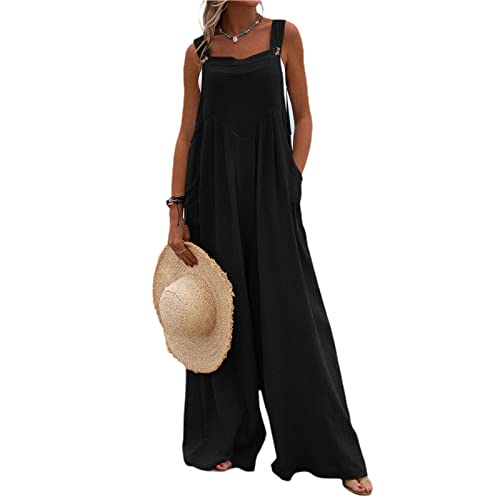 Loalirando Damen Casual Ärmellos Jumpsuit Sommer Lang Weites Bein Overall Elegant Einfarbig Strand Romper（Plus Size） (Schwarz, 2XL) von Loalirando