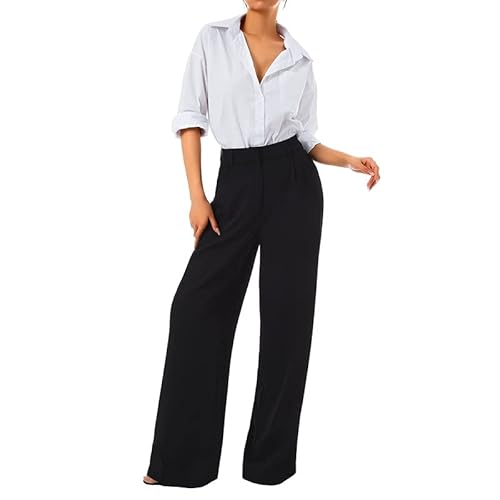 Loalirando Damen Casual Geradem Bein Anzughosen Höhe Taille Weites Bein Hosen mit Taschen Klassische Fließende Palazzo-Hose(Schwarz-A,M) von Loalirando