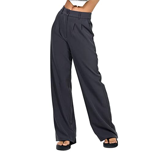 Loalirando Damen Casual Geradem Bein Anzughosen Höhe Taille Weites Bein Hosen mit Taschen Klassische Fließende Palazzo-Hose (Grau, M) von Loalirando