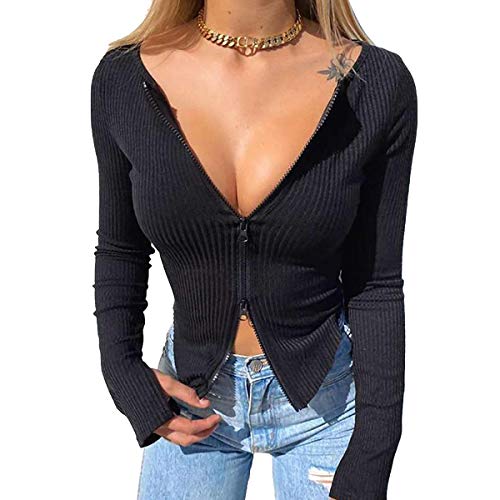 Loalirando Damen Crop Tops Bauchfrei Sexy Pullover Reißverschluss Langarm Wear V-Ausschnitt T-Shirt Oberteil Slim Fit Tops (Schwarz, L) von Loalirando