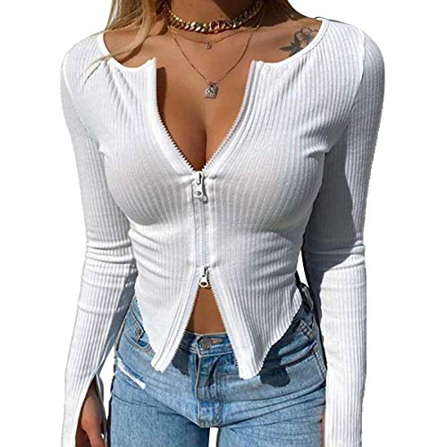 Loalirando Damen Crop Tops Bauchfrei Sexy Pullover Reißverschluss Langarm Wear V-Ausschnitt T-Shirt Oberteil Slim Fit Tops (Weiß, L) von Loalirando