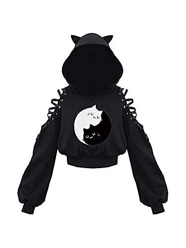 Loalirando Damen Cute Cat Ear Crop Top Oversized Hoodie Off Shoulder Hollow Out Langarm Schwarz Punk Gothic Sweatshirts, Black White Cat, S von Loalirando