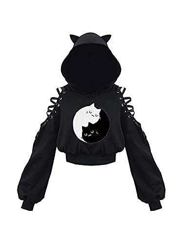 Loalirando Damen Cute Cat Ear Crop Top Oversized Hoodie Off Shoulder Hollow Out Langarm Schwarz Punk Gothic Sweatshirts, Black White Cat, 46 von Loalirando