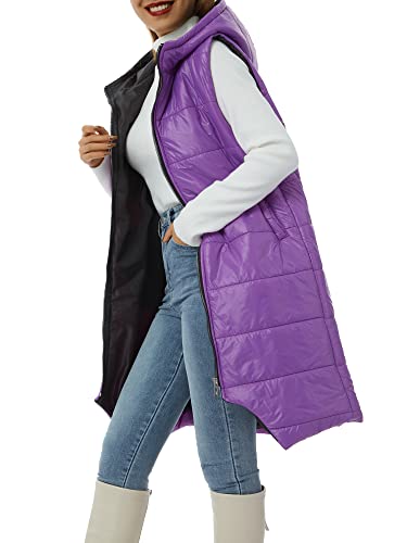 Loalirando Damen Daunenweste Lang Übergangsjacke mit Kapuze Mantel Vest Ärmellose Warmer Daunenmantel mit Taschen (Lila, 2XL) von Loalirando