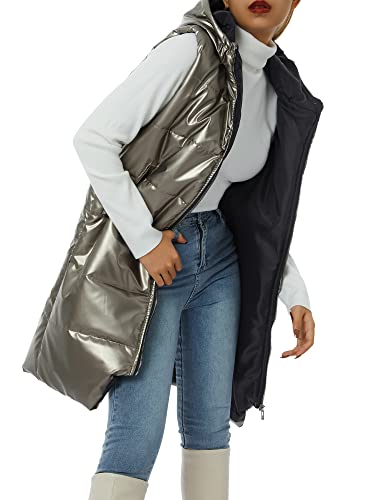 Loalirando Damen Daunenweste Lang Übergangsjacke mit Kapuze Mantel Vest Ärmellose Warmer Daunenmantel mit Taschen (Silber, 2XL) von Loalirando