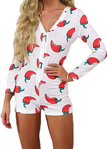 Loalirando Damen Einteiler Pyjama Sexy Tiefer V-Ausschnitt Langarm Shorts Jumpsuit Entzückender Druck Babydoll Onsies Strampler Gr. 46, chili von Loalirando