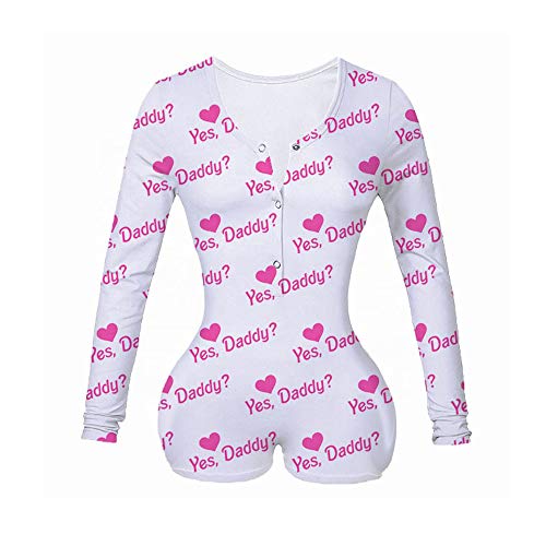 Loalirando Damen Einteiler Pyjama Sexy Tiefer V-Ausschnitt Langarm Shorts Jumpsuit Entzückender Druck Babydoll Onsies Strampler Gr. Large, Ja Papa von Loalirando