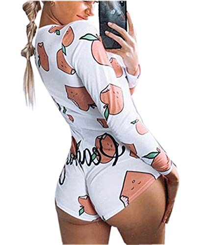 Loalirando Damen Einteiler Pyjama Sexy Tiefer V-Ausschnitt Langarm Shorts Jumpsuit Entzückender Druck Babydoll Onsies Strampler Gr. Large, pfirsich von Loalirando