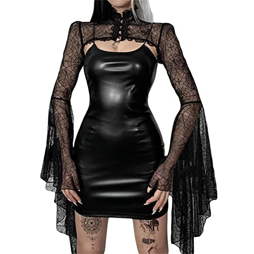 Loalirando Damen Gothic V Ausschnitt Spitzenkleid Herbst Punk Stil Langarm MidiKleider Vintage A-Linie Festlich Kleid(Schwarz-M,L) von Loalirando