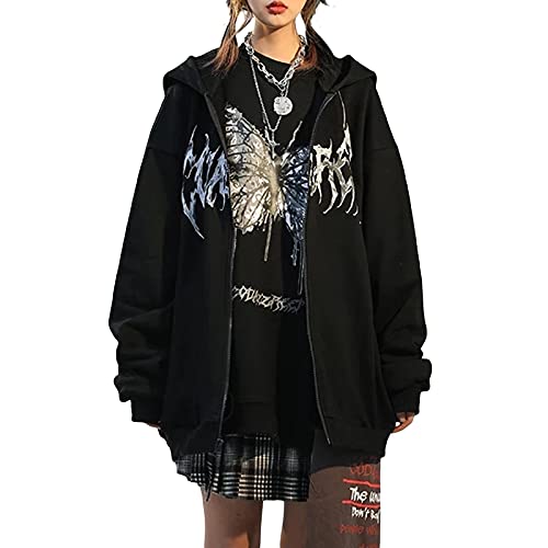 Frauen Hip Hop übergroße Grafik Hoodies Zip Up Langarm Sweatshirt Gothic Schmetterling Print Mantel Goth Harajuku Streetwear, Schwarz , 42 von Loalirando