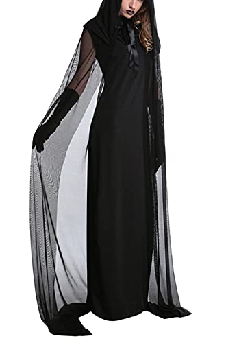 Loalirando Damen Halloween Cardigan Schwarzer Hexenmantel Langer Umhang mitKapuze Open Front Transparent Mesh Pareo (Schwarz, M) von Loalirando