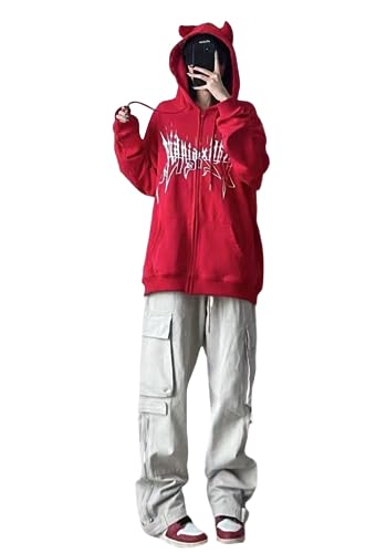 Loalirando Damen Halloween Kapuzenpullover mit Hörnern Y2K Langarm Oversized Gothic Hoodie Streetwear (Rot, M) von Loalirando