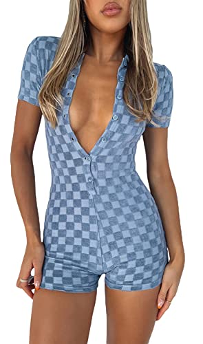 Loalirando Damen Jumpsuit Button Down V-Ausschnitt Bodysuit Sexy Sommer Overall Kurz Einteiler Hosenanzug Sport Playsuit (Streifen/Blau, S) von Loalirando