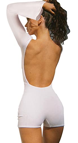 Loalirando Damen Jumpsuit Rückenfrei Bodysuit Sexy Sommer Overall Kurz Einteiler Hosenanzug Sport Playsuit(Lang Weiß/S) von Loalirando