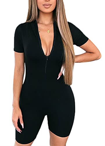 Loalirando Damen Jumpsuit V-Ausschnitt Bodysuit Sexy Sommer Overall Kurz Einteiler Hosenanzug Sport Playsuit(Schwarz,S) von Loalirando