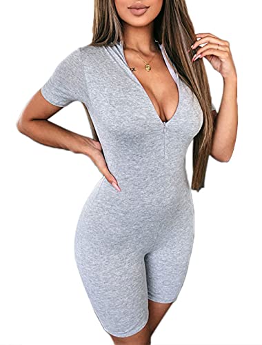 Loalirando Damen Jumpsuit V-Ausschnitt Bodysuit Sexy Sommer Overall Kurz Einteiler Hosenanzug Sport Playsuit (Grau,S) von Loalirando