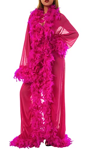 Loalirando Damen Kimono Spitzen Robe Volant Langarm Transparent Reizwäsche Nachtwäsche Morgenmantel Bademantel Dessous Set mit Gürtel Bikini Cover up (One Size, Feder/Rosa) von Loalirando