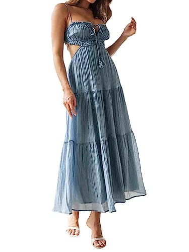 Loalirando Damen Kleider Böhmen Sommerkleid Kurzarm Hohe Taille Maxikleid V-Ausschnitt Lang Casual Rüschenkleid(Blau,L) von Loalirando