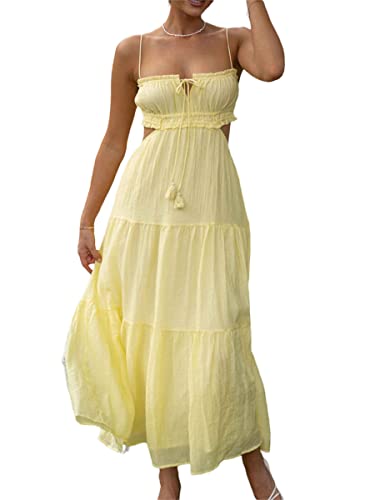 Loalirando Damen Kleider Böhmen Sommerkleid Kurzarm Hohe Taille Maxikleid V-Ausschnitt Lang Casual Rüschenkleid(Gelb,M) von Loalirando