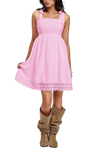 Loalirando Damen Kleider Böhmen Sommerkleid Kurzarm Hohe Taille Maxikleid V-Ausschnitt Lang Casual Rüschenkleid(Rosa,M) von Loalirando