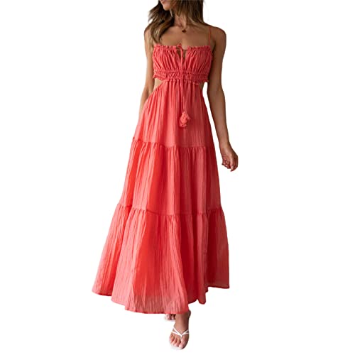 Loalirando Damen Kleider Böhmen Sommerkleid Kurzarm Hohe Taille Maxikleid V-Ausschnitt Lang Casual Rüschenkleid(Rot,L) von Loalirando