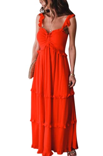 Loalirando Damen Kleider Böhmen Sommerkleid Kurzarm Hohe Taille Maxikleid V-Ausschnitt Lang Casual Rüschenkleid(Rot,S) von Loalirando