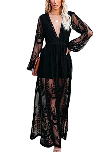 Loalirando Damen Kleider Böhmen Sommerkleid Kurzarm Hohe Taille Maxikleid V-Ausschnitt Lang Casual Rüschenkleid(Schwarz-A,M) von Loalirando