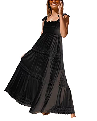 Loalirando Damen Kleider Böhmen Sommerkleid Kurzarm Hohe Taille Maxikleid V-Ausschnitt Lang Casual Rüschenkleid(Schwarz-C,L) von Loalirando