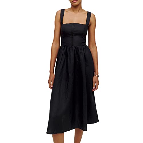 Loalirando Damen Kleider Böhmen Sommerkleid Kurzarm Hohe Taille Maxikleid V-Ausschnitt Lang Casual Rüschenkleid(Schwarz-E,L) von Loalirando