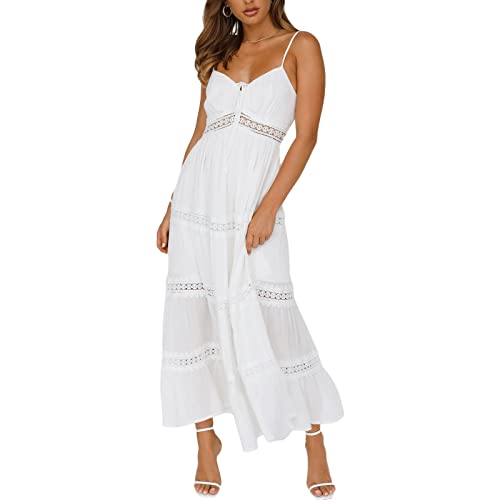 Loalirando Damen Kleider Böhmen Sommerkleid Kurzarm Hohe Taille Maxikleid V-Ausschnitt Lang Casual Rüschenkleid(Weiß-A,M) von Loalirando