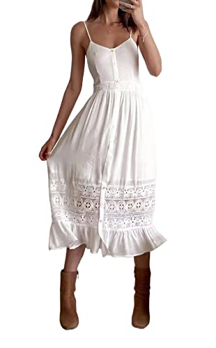 Loalirando Damen Kleider Böhmen Sommerkleid Kurzarm Hohe Taille Maxikleid V-Ausschnitt Lang Casual Rüschenkleid(Weiß-P,L) von Loalirando