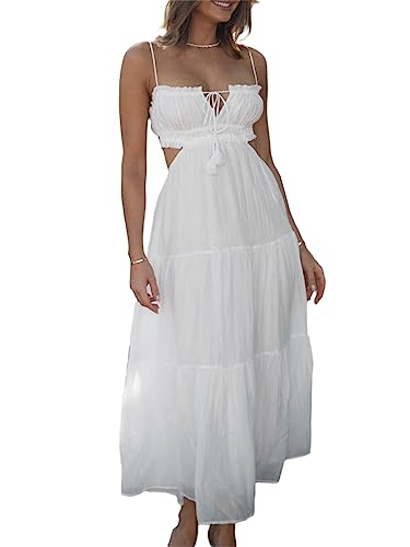 Loalirando Damen Kleider Böhmen Sommerkleid Kurzarm Hohe Taille Maxikleid V-Ausschnitt Lang Casual Rüschenkleid(Weiß-V,S) von Loalirando