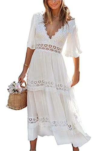 Loalirando Damen Kleider Böhmen Sommerkleid Kurzarm Hohe Taille Maxikleid V-Ausschnitt Lang Casual Rüschenkleid (Weiß, L) von Loalirando